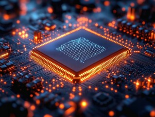 Poster - Futuristic microchip with glowing circuitry in cyberpunk style illuminated with blue and orange lights