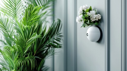 Wall Mural - Serene and Stylish Indoor Greenery with Blooming Flowers in Vase on Wall