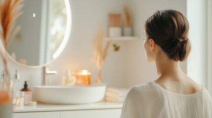 Canvas Print - Woman Admiring Her Reflection in Minimalist Bathroom Mirror While Engaging in Self Care Routine