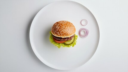 Poster - A creative flat-lay of a cheeseburger with pickles, onions, and fresh vegetables, placed on a clean white plate with space for copy