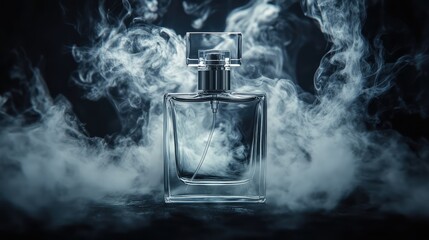 Poster - A dramatic scene with a perfume bottle surrounded by soft plumes of smoke, minimalist black background highlighting the design