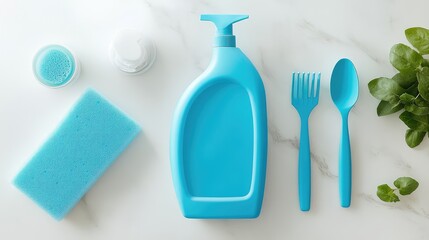 Poster - A flat-lay of dishwashing essentials sponge, liquid bottle, and clean utensils, arranged on a white marble surface for a fresh look