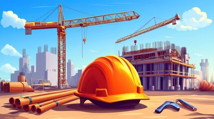 Wall Mural - Construction site with cranes, safety helmet, pipes, and building activity in a vibrant cityscape