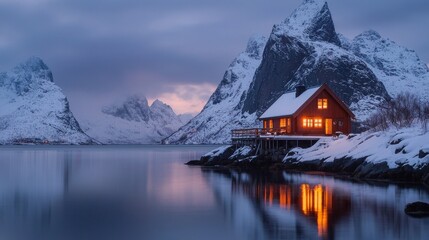 Poster - Cozy Cabin Overlooking Snowy Fjordland Landscape at Serene Sunset