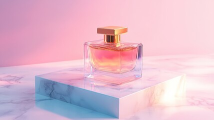 Poster - A luxury glass perfume bottle with a golden cap on a white marble surface, soft pastel pink gradient background, and subtle light reflections