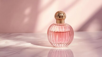 Poster - A luxury glass perfume bottle with a golden cap on a white marble surface, soft pastel pink gradient background, and subtle light reflections