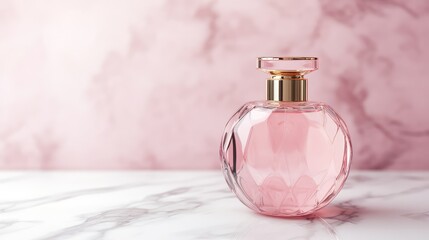 Poster - A luxury glass perfume bottle with a golden cap on a white marble surface, soft pastel pink gradient background, and subtle light reflections