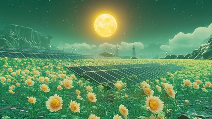 Poster - A solar farm set in the middle of a vibrant green field, with the sun shining brightly and plenty of space above for text