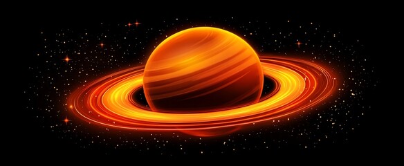 Wall Mural - glowing orange planet with prominent rings in space.