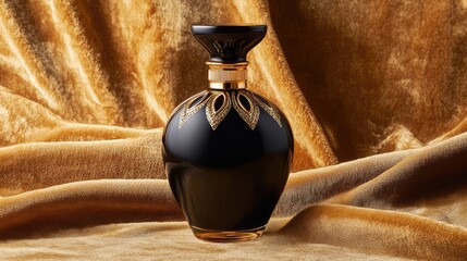 Poster - A sophisticated black perfume bottle with gold detailing, placed against a velvet textured background for a luxurious effect