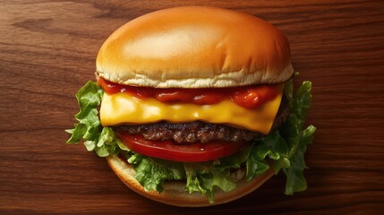 Poster - A top-down shot of a cheeseburger with tomato, lettuce, cheese, and sauce, placed on a wooden surface with space for copy