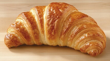 Aufkleber - A top-down view of a golden, flaky croissant on a wooden surface with ample room for copy above