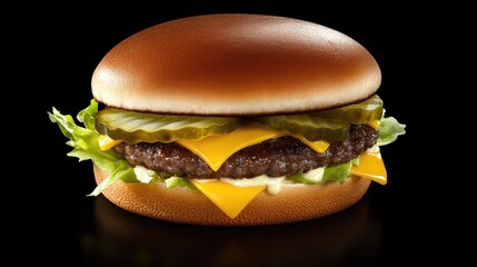 Aufkleber - A top view of a cheeseburger with a juicy patty, fresh lettuce, and pickles, placed on a dark background with space for copy