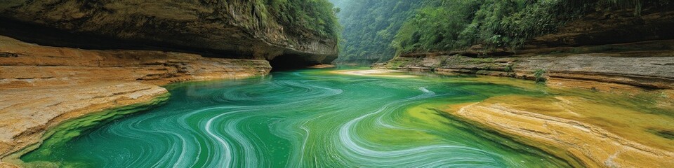 Wall Mural - Serene River Canyon with Turquoise Waters Flowing Through Lush Green Hills and Unique Rock Formations in Majestic Natural Landscape for Travel Escape and Adventure