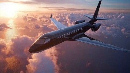 Poster - An electric aircraft soars through the clouds during a stunning sunset. The sleek design captures the essence of modern transport and innovation in aviation, showcasing a sustainable future.
