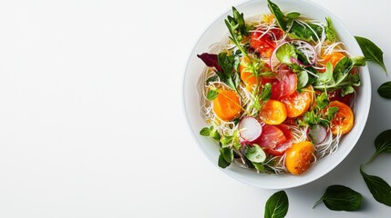 Wall Mural - Healthy and Colorful Vegetable Salad Bowl on White Background long title This image showcases a beautifully arranged vegetable salad bowl filled with