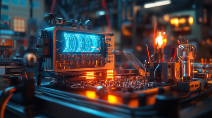 Poster - vibrant industrial scene showcasing electrical testing equipment