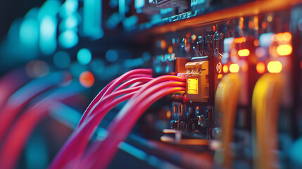Poster - Vibrant cables connected to server, showcasing electrical work