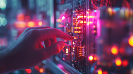 Poster - Hand testing electrical panel with glowing lights and circuits