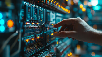 Poster - Hand adjusting settings on electrical panel with lights
