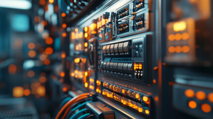 Aufkleber - electrical panel with glowing lights and cables in server room