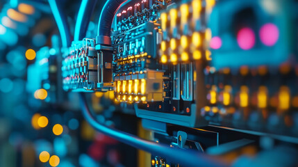 Poster - Close up of professional electrical system with glowing circuits