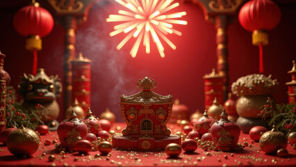 Wall Mural - Lunar New Year Celebration: Red Lanterns & Fireworks - Lunar New Year