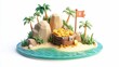 © BerkahStock - Low-poly 3D render of a treasure island with gold coins, palm trees, rocks, and a pirate flag.
