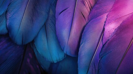 Poster - artistic close-up of vibrant purple and blue peacock feathers under subtle lighting, emphasizing tex
