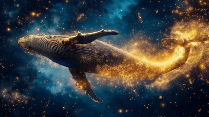 Wall Mural - cosmic whale: a majestic whale soars through a cosmic nebula, its form shimmering with golden stardu
