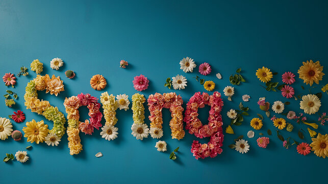 Spring word made with flowers on blue background