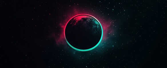 Wall Mural - neon planet in space with pink and teal glow.