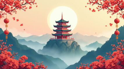 Wall Mural - Serene Pagoda, Cherry Blossoms, Japan - Asian-inspired art