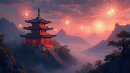 Canvas Print - Serene Pagoda, Fireworks, Mountain Lake - Fantasy Landscapes