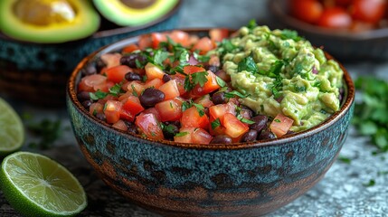 Canvas Print - Fresh guacamole and black bean salsa served in a rustic bowl with lime slices and tomatoes