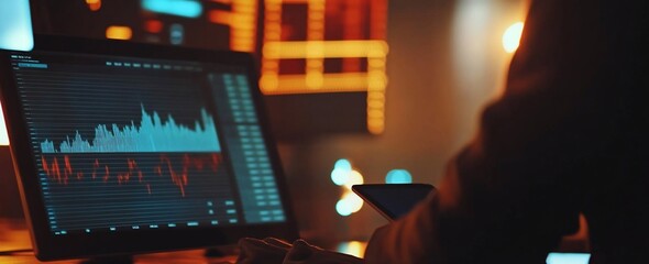 Canvas Print - Person analyzing stock market data on computer screen at night.