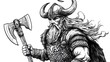 © Thirakun - Viking warrior with horned helmet flowing beard and battle axe sketch engraving black and white style
