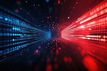 Poster - Abstract digital tunnel with binary code, blue and red. Illustrates data flow, technology, or network concepts.