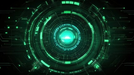 Poster - Abstract green digital HUD interface, glowing concentric circles and lines. Perfect for tech, futuristic, or science fiction projects needing a modern visual.