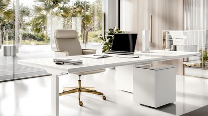 Poster - Minimalist Modern Office Workspace with Laptop Plant and Bright Interiors