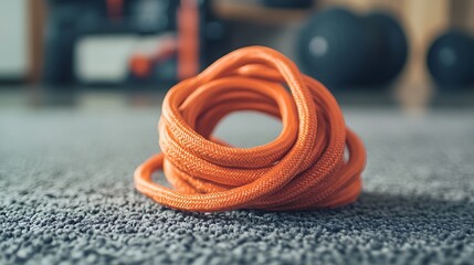 Orange Coiled Rope Resting On Gray Carpet