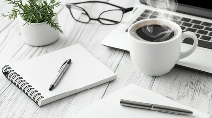Poster - Organized Workspace with Laptop Coffee and Office Supplies on Minimalist Desk
