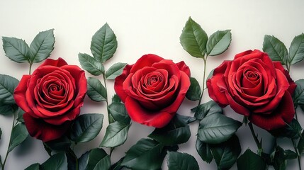 Wall Mural - Three vibrant red roses arranged elegantly with lush green leaves on a soft neutral background