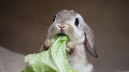 A fluffy gray rabbit is eating a fresh lettuce with a brown background