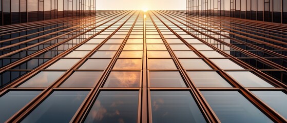 Wall Mural - A modern skyscraper reflecting the sunset, showcasing a geometric pattern of glass windows and warm orange hues.