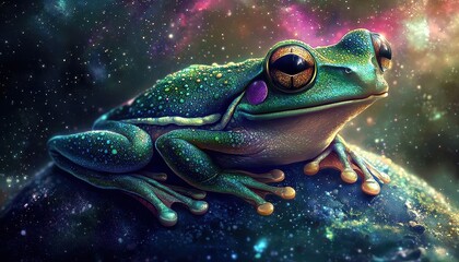 Wall Mural - An enchanting depiction of a frog set against a starry background.