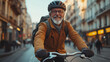 © あおなみ - Low angle view of smiling old businessman with shoulder bag and helmet riding bicycle to work in city. --ar 16:9 --style raw --stylize 750 --v 6.1 Job ID: 905240e1-1fa4-44e7-87d4-81db53886f96