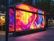© Teresaart - Vibrant Digital Billboard at Futuristic Metro Bus Stop with Colorful Abstract Pattern Displaying Modern Urban Aesthetic