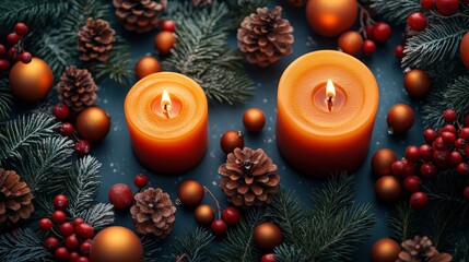 Wall Mural - Warm orange candles surrounded by pine cones and festive decorations on a winter backdrop