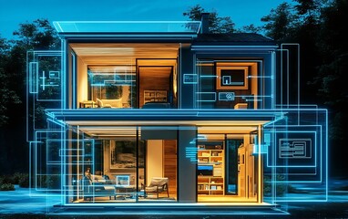 Poster - Modern smart home interior with illuminated technology interface : Generative AI